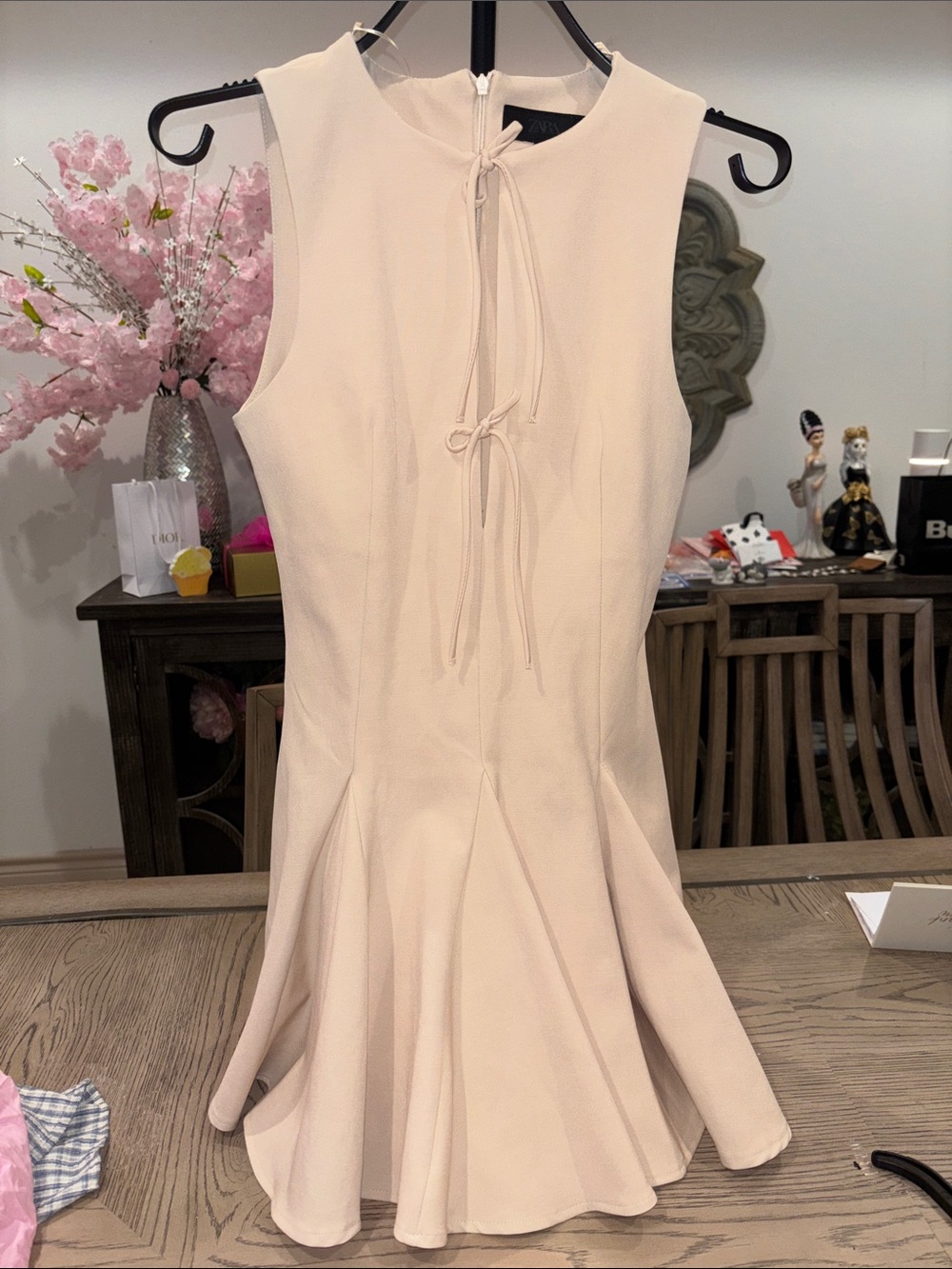 Zara Pale Beige Tie-Front Flared Dress